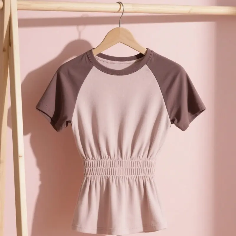 彈力收腰拼色T恤